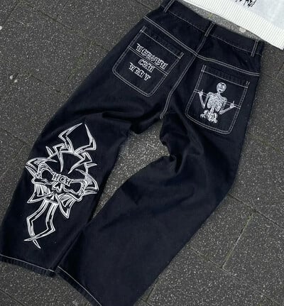Blugi Y2K pentru bărbați, Harajuku, retro, broderii cu aripi gotice, blugi largi, blugi vintage, punk, hip hop, gotici, pantaloni largi, îmbrăcăminte de stradă