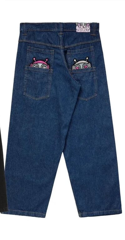 Blugi Y2K pentru bărbați, Harajuku, retro, broderii cu aripi gotice, blugi largi, blugi vintage, punk, hip hop, gotici, pantaloni largi, îmbrăcăminte de stradă