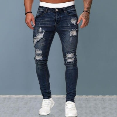 Blugi skinny pentru bărbați ​Pantaloni din denim, elastici, vopsiți, cu croiala subțire, rupti, învechiți, plisați, pe genunchi, pantaloni casual pentru bărbați