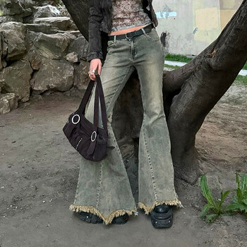 CIBBAR Distressed y2k Flared Jeans Streetwear y2k Low Rise Ripped Denim Pants Harajuku Vintage Mom Jeans Хипи дънкови панталони