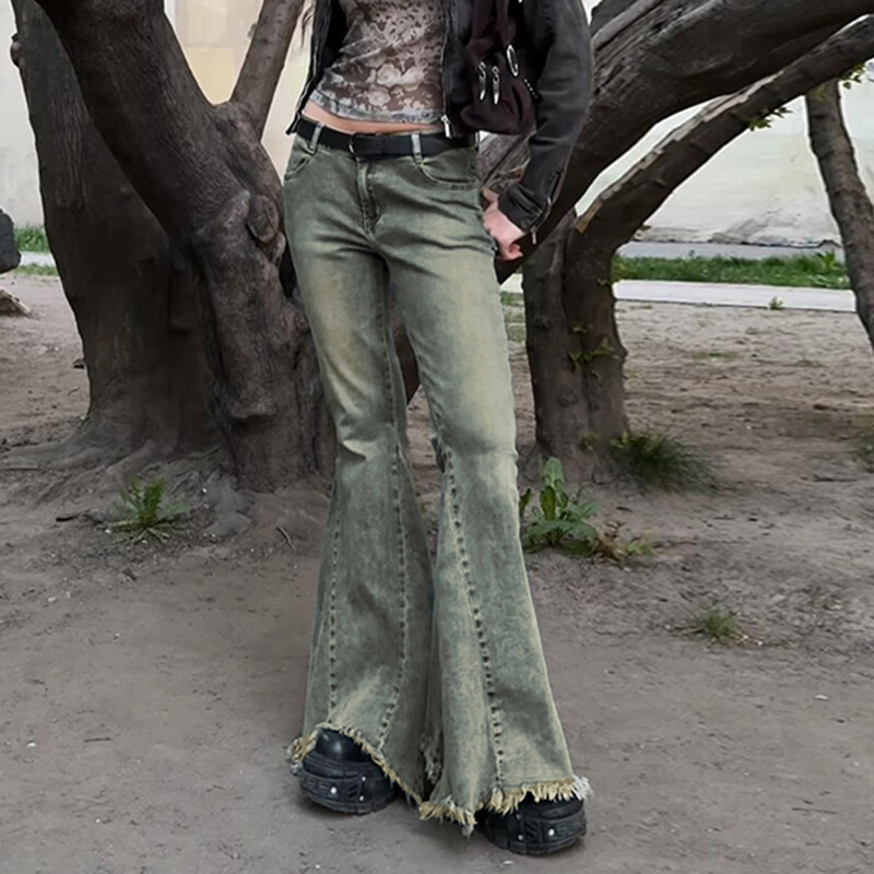 CIBBAR Distressed y2k Flared Jeans Streetwear y2k Low Rise σχισμένο τζιν παντελόνι Harajuku Vintage Mom Jeans Hippie denim παντελόνι