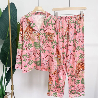 Női pizsama szett tavaszi ősz 2 részes tigrismintás pizsama zseb műselyem szatén hálóruha, hosszú ujjú pijama Mujer Pjs házi ruha