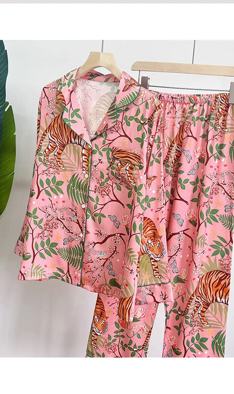 Női pizsama szett tavaszi ősz 2 részes tigrismintás pizsama zseb műselyem szatén hálóruha, hosszú ujjú pijama Mujer Pjs házi ruha