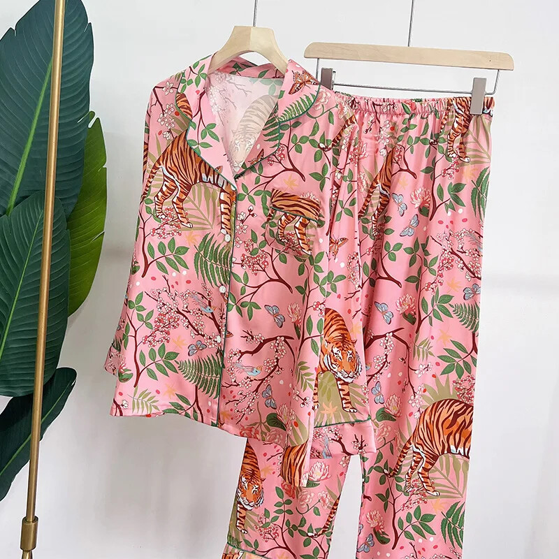 Női pizsama szett tavaszi ősz 2 részes tigrismintás pizsama zseb műselyem szatén hálóruha, hosszú ujjú pijama Mujer Pjs házi ruha