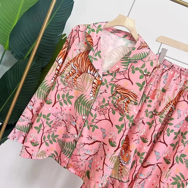 Női pizsama szett tavaszi ősz 2 részes tigrismintás pizsama zseb műselyem szatén hálóruha, hosszú ujjú pijama Mujer Pjs házi ruha