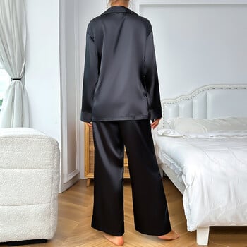 Γυναικεία ανοιξιάτικα Sleepwear Ice Silk Πυτζάμα με λαιμόκοψη μακρυμάνικο μπλουζάκι με παντελόνι Loungear Νυχτικό Nightwear Nighty