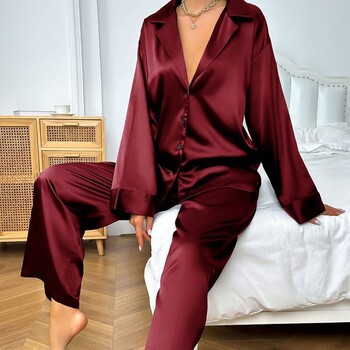 Γυναικεία ανοιξιάτικα Sleepwear Ice Silk Πυτζάμα με λαιμόκοψη μακρυμάνικο μπλουζάκι με παντελόνι Loungear Νυχτικό Nightwear Nighty