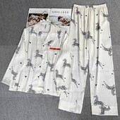 Ζέβρα στάμπα κοστούμι πιτζάμες Νέα καλοκαιρινά πυζά νυχτικά Γυναικεία σαλονάκια Παντελόνια σετ σατέν Ρούχα σπιτιού Φαρδιά πιτζάμες νυχτικό