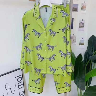 Ζέβρα στάμπα κοστούμι πιτζάμες Νέα καλοκαιρινά πυζά νυχτικά Γυναικεία σαλονάκια Παντελόνια σετ σατέν Ρούχα σπιτιού Φαρδιά πιτζάμες νυχτικό