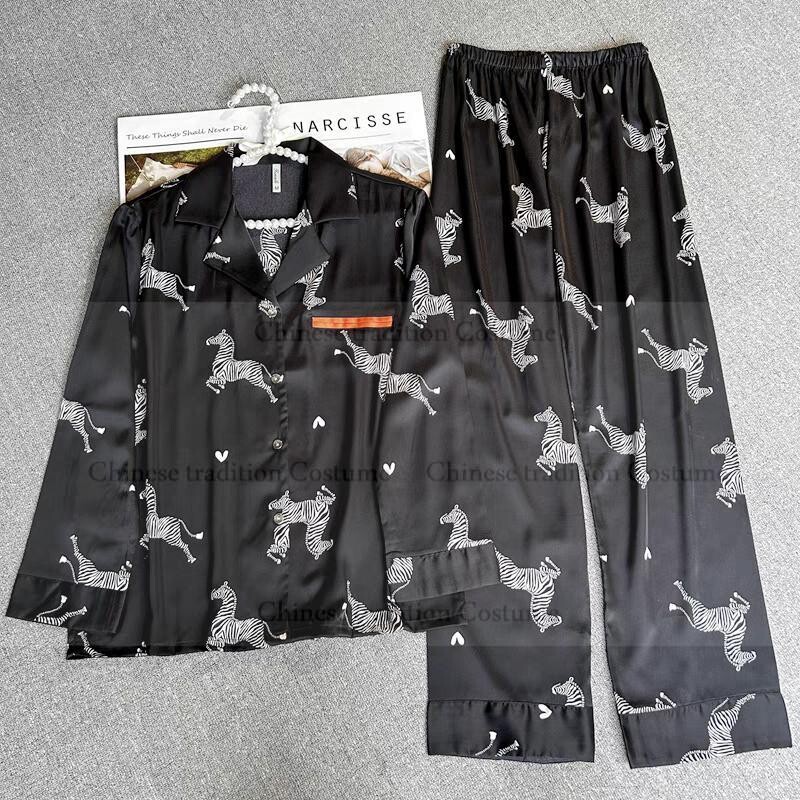 Ζέβρα στάμπα κοστούμι πιτζάμες Νέα καλοκαιρινά πυζά νυχτικά Γυναικεία σαλονάκια Παντελόνια σετ σατέν Ρούχα σπιτιού Φαρδιά πιτζάμες νυχτικό