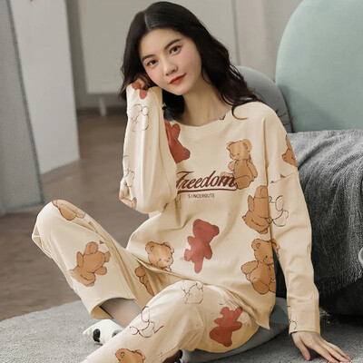 Veľkoobchodné dámske pyžamové súpravy s dlhým rukávom, voľný strih, domáce oblečenie na jar, leto, jeseň, zimu, jednoduché spoločenské vrchné oblečenie