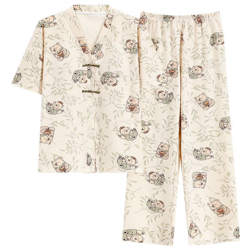 Pjs femei din bumbac stil pijama pijama pijama plus marime lenjerie de noapte vara femei cu mâneci scurte pantaloni lungi cardigan set pijama