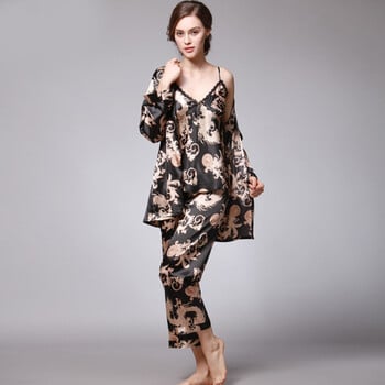 Γυναικείες Πιτζάμες Μεταξωτές Σατέν 3 τμχ Floral Silky Pj Sets Sleepwear Cami Nightwear με ρόμπα και παντελόνι