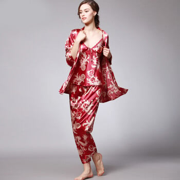 Γυναικείες Πιτζάμες Μεταξωτές Σατέν 3 τμχ Floral Silky Pj Sets Sleepwear Cami Nightwear με ρόμπα και παντελόνι