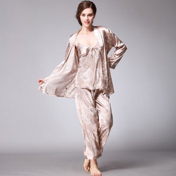 Γυναικείες Πιτζάμες Μεταξωτές Σατέν 3 τμχ Floral Silky Pj Sets Sleepwear Cami Nightwear με ρόμπα και παντελόνι