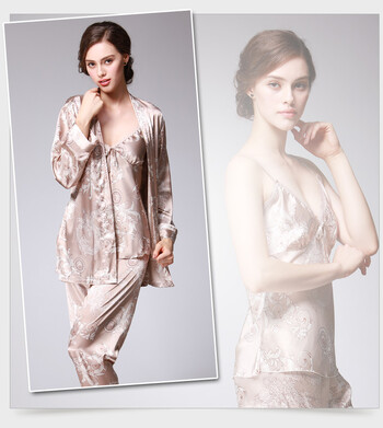 Γυναικείες Πιτζάμες Μεταξωτές Σατέν 3 τμχ Floral Silky Pj Sets Sleepwear Cami Nightwear με ρόμπα και παντελόνι