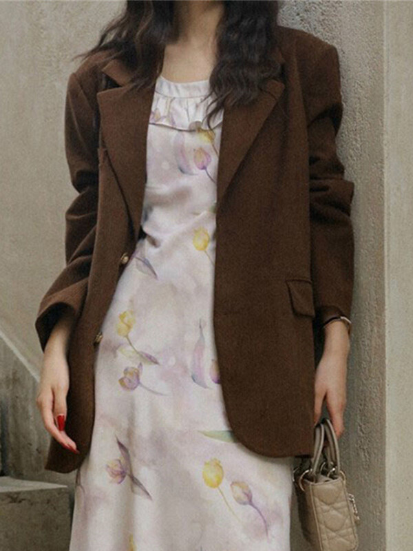 Dámske sako LANMREM Vintage Corduroy s golierom, jednoradové, jednofarebné, voľné, módne, jar 2024, nové, 2AA4910