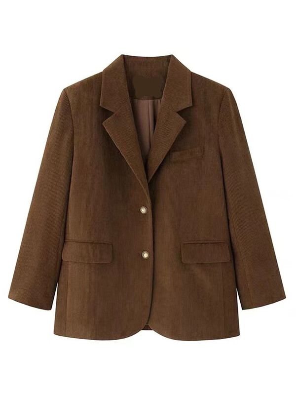 Dámske sako LANMREM Vintage Corduroy s golierom, jednoradové, jednofarebné, voľné, módne, jar 2024, nové, 2AA4910