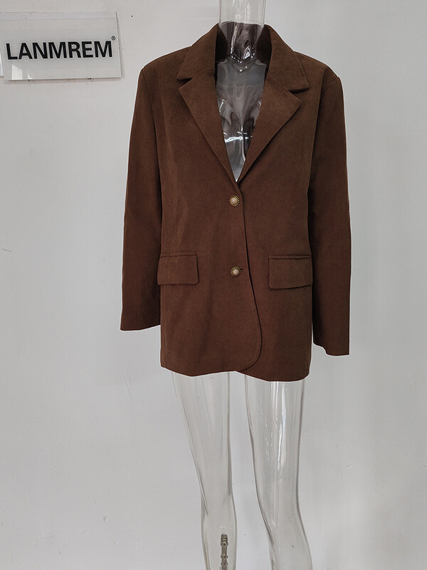 Dámske sako LANMREM Vintage Corduroy s golierom, jednoradové, jednofarebné, voľné, módne, jar 2024, nové, 2AA4910