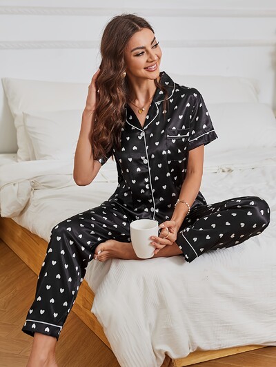 Heart Print Σατέν Σετ Πυτζάμες Casual με κοντό μανίκι κουμπιά πέτο και ελαστικό παντελόνι Γυναικεία πυζά