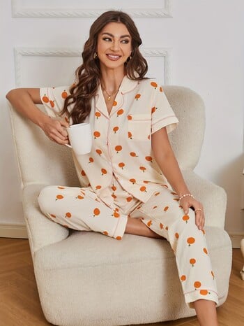 Allover Orange Print Σετ Πυτζάμες Casual με κουμπιά με κοντό μανίκι Πέτο και ελαστικό παντελόνι Γυναικεία υπνοδωμάτια