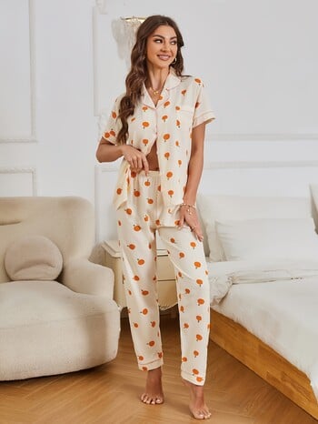 Allover Orange Print Σετ Πυτζάμες Casual με κουμπιά με κοντό μανίκι Πέτο και ελαστικό παντελόνι Γυναικεία υπνοδωμάτια