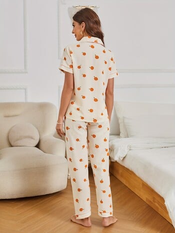 Allover Orange Print Σετ Πυτζάμες Casual με κουμπιά με κοντό μανίκι Πέτο και ελαστικό παντελόνι Γυναικεία υπνοδωμάτια