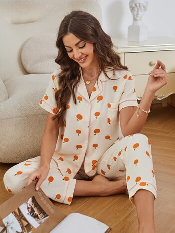 Allover Orange Print Σετ Πυτζάμες Casual με κουμπιά με κοντό μανίκι Πέτο και ελαστικό παντελόνι Γυναικεία υπνοδωμάτια