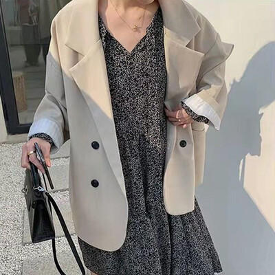 Vintage saká pre ženy, elegantný pevný voľný kabát, jarná jeseň, ležérny nadrozmerný oblek, kancelárska dáma, minimalistická bunda s dlhým rukávom