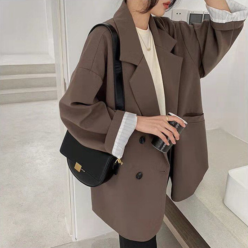 Vintage saká pre ženy, elegantný pevný voľný kabát, jarná jeseň, ležérny nadrozmerný oblek, kancelárska dáma, minimalistická bunda s dlhým rukávom