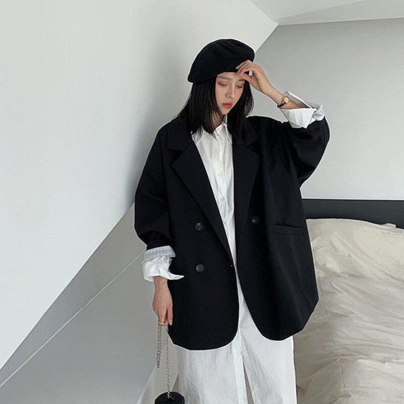 Vintage saká pre ženy, elegantný pevný voľný kabát, jarná jeseň, ležérny nadrozmerný oblek, kancelárska dáma, minimalistická bunda s dlhým rukávom