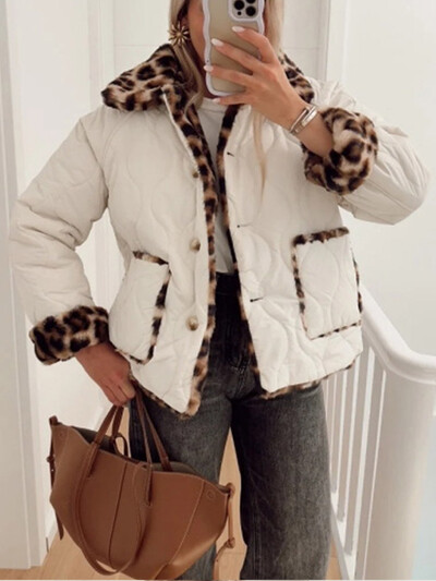 Leopárdmintás, bélelt, kerek nyakú pamutdzseki, női divat, egysoros, kihajtható zsebes rövid kabátok 2024-es új női steppelt felsőruházat