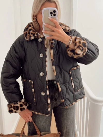 Leopárdmintás, bélelt, kerek nyakú pamutdzseki, női divat, egysoros, kihajtható zsebes rövid kabátok 2024-es új női steppelt felsőruházat