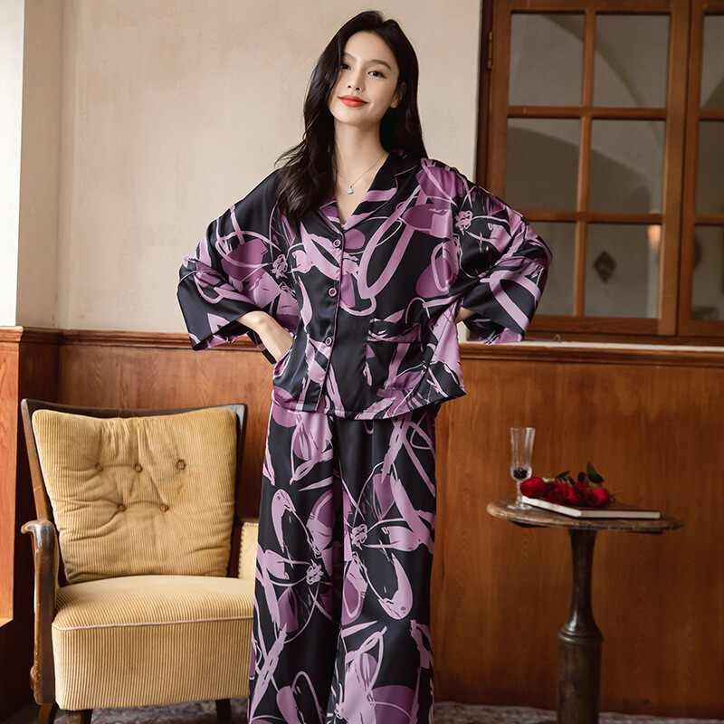 Laisvas moteriškas pižamų rinkinys su spaudiniais, moteriškas šikšnosparnio rankovėmis, 2 dalių su kelnaitėmis šilko vasaros satino miegui Pižamos kostiumas, skirtas Femlae pižamai