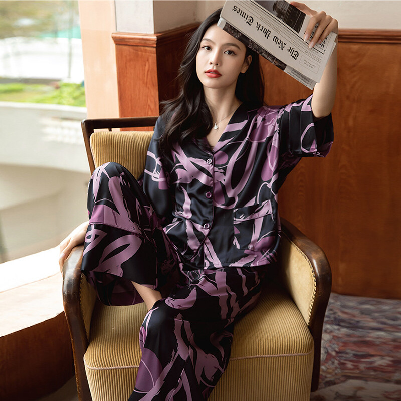 Laisvas moteriškas pižamų rinkinys su spaudiniais, moteriškas šikšnosparnio rankovėmis, 2 dalių su kelnaitėmis šilko vasaros satino miegui Pižamos kostiumas, skirtas Femlae pižamai