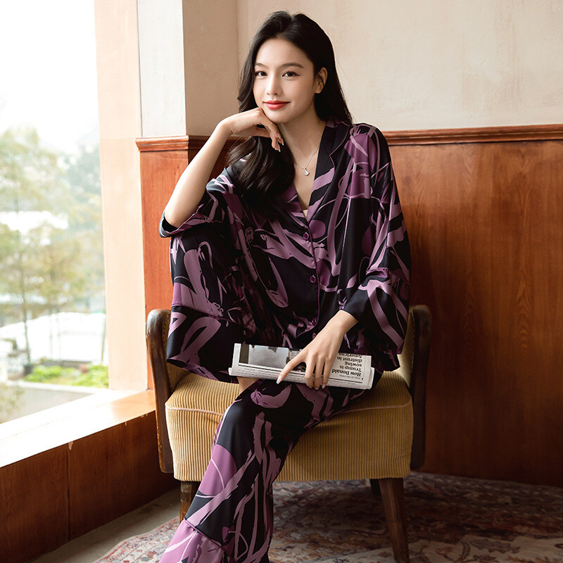 Laisvas moteriškas pižamų rinkinys su spaudiniais, moteriškas šikšnosparnio rankovėmis, 2 dalių su kelnaitėmis šilko vasaros satino miegui Pižamos kostiumas, skirtas Femlae pižamai