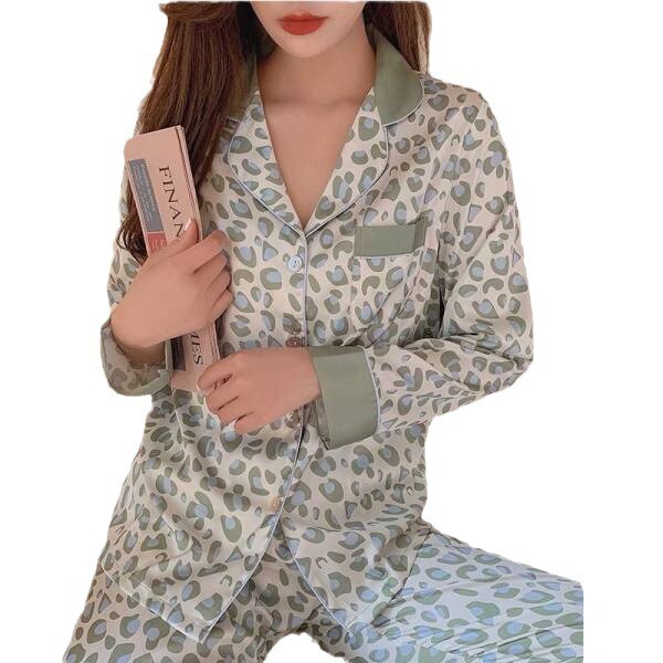 Pijamale din satin de mătase 2 piese pentru femei Pijama cu imprimeu leopard cu rever Lenjerie de dormit cu mâneci lungi Pijamale pentru femei Fashion Leiure Homewear