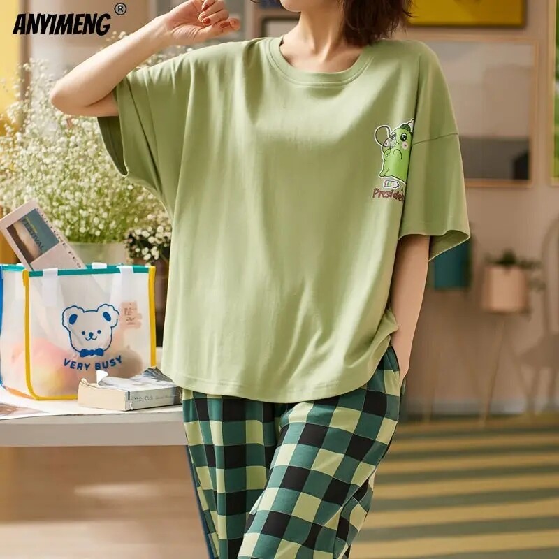 Νέα Sleepwear Cartoon βαμβακερές πιτζάμες για γυναίκες μακριά παντελόνια κοντομάνικα καλοκαιρινά ανοιξιάτικα σαλόνια μόδας για το σπίτι Ρούχα σπίτια