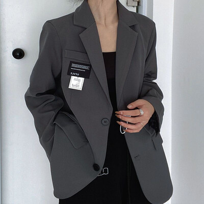 Sieviešu bleizeri rudens korejiešu elegants mīksts mētelis biroja dāma Solid Harajuku brīvs kabatas vienrindas moderns uzvalks