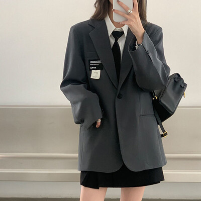 Dámske jesenné saká, elegantný mäkký kabát v kórejskom štýle, kancelárska dáma, pevný Harajuku, voľné vrecko, jednoradový trendy módny oblek
