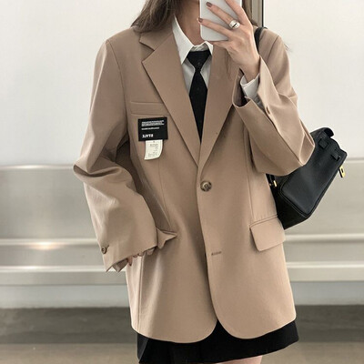 Dámske jesenné saká, elegantný mäkký kabát v kórejskom štýle, kancelárska dáma, pevný Harajuku, voľné vrecko, jednoradový trendy módny oblek