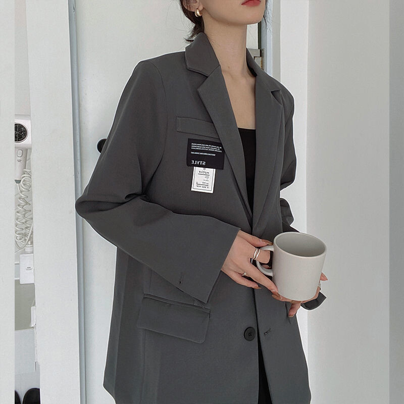 Dámske jesenné saká, elegantný mäkký kabát v kórejskom štýle, kancelárska dáma, pevný Harajuku, voľné vrecko, jednoradový trendy módny oblek
