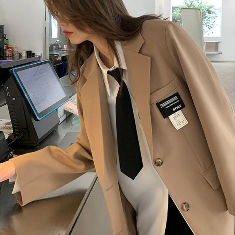 Dámske jesenné saká, elegantný mäkký kabát v kórejskom štýle, kancelárska dáma, pevný Harajuku, voľné vrecko, jednoradový trendy módny oblek
