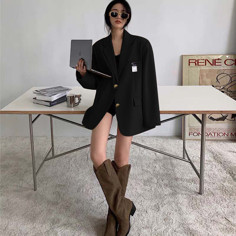 Dámske jesenné saká, elegantný mäkký kabát v kórejskom štýle, kancelárska dáma, pevný Harajuku, voľné vrecko, jednoradový trendy módny oblek