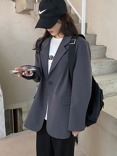 Jmprs Harajuku szürke blézerkabát női koreai bő, egygombos dzseki Preppy stílusú, hétköznapi, hosszú ujjú női, egyszerű tavaszi kabát