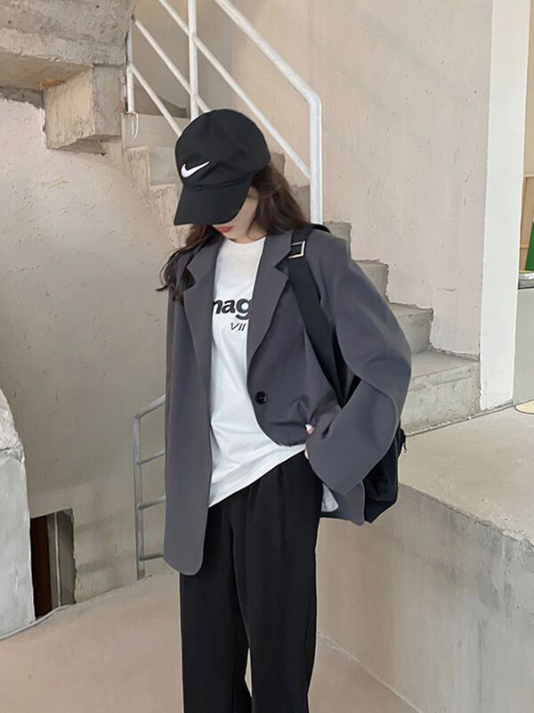 Jmprs Harajuku szürke blézerkabát női koreai bő, egygombos dzseki Preppy stílusú, hétköznapi, hosszú ujjú női, egyszerű tavaszi kabát