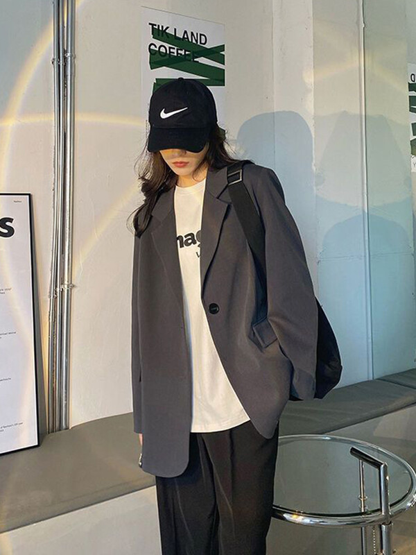 Jmprs Harajuku szürke blézerkabát női koreai bő, egygombos dzseki Preppy stílusú, hétköznapi, hosszú ujjú női, egyszerű tavaszi kabát