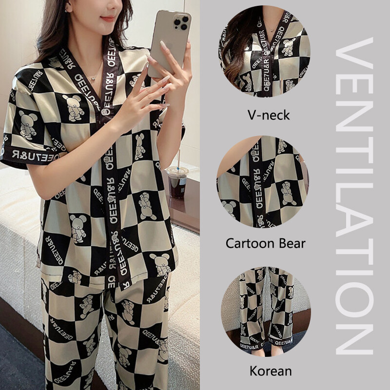 Selyem pizsama luxus női jég selyem rövid ujjú nadrág szett nagy méretű 3xl rajzfilm medve kardigán népszerű Délkelet-Ázsiában