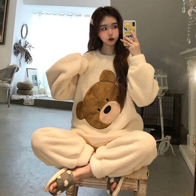 Dámske pyžamové súpravy, elegantné, pevné, jednoradové, Ulzzang, pohodlné domáce oblečenie, dámske, hrubé, teplé, mäkké, flanelové, jednoduché, voľnočasové, s výstrihom do V