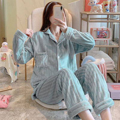 Dámske pyžamové súpravy, elegantné, pevné, jednoradové, Ulzzang, pohodlné domáce oblečenie, dámske, hrubé, teplé, mäkké, flanelové, jednoduché, voľnočasové, s výstrihom do V